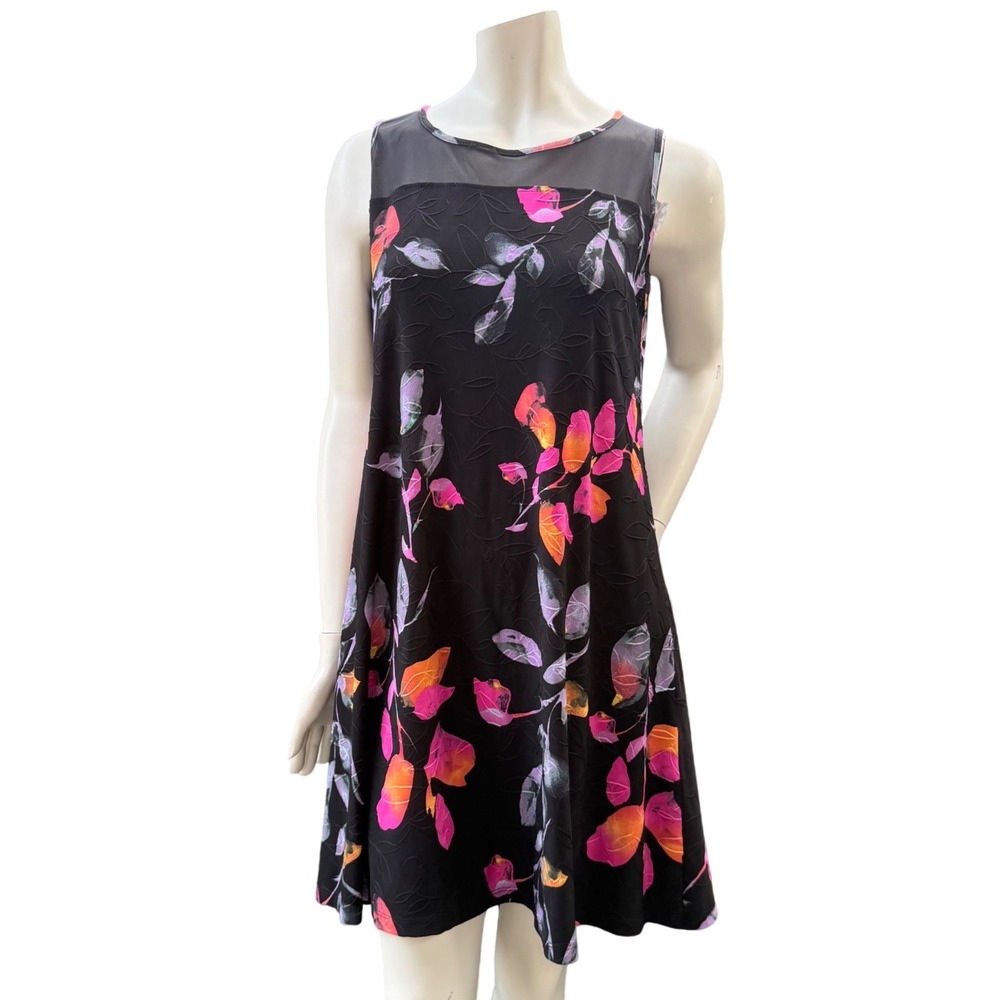 Floral Shift Dress Mesh Yoke Black Pink Purple Boho Lightweight Summer Sz S/M